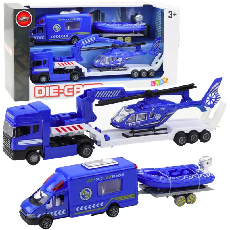 LEAN TOYS Set de coche de policía, barco de rescate, camión y helicóptero azul
