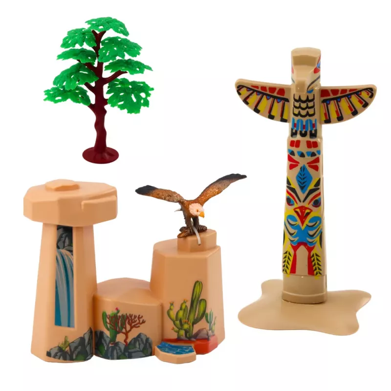 LEAN TOYS Set de figuras de indios de aldea kayak tótem