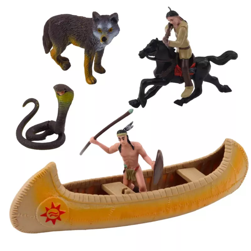 LEAN TOYS Set de figuras de indios de aldea kayak tótem