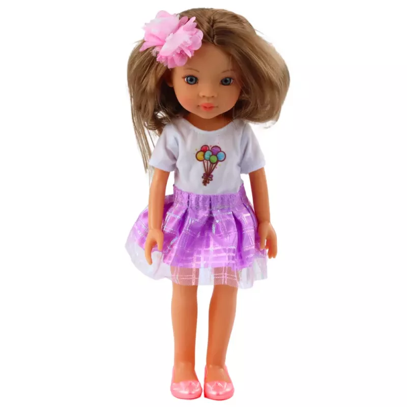 LEAN TOYS Muñeca con vestido lila, pelo largo castaño y pinza de flores para el pelo