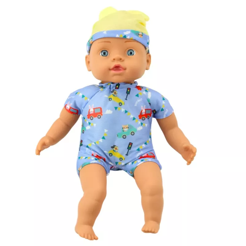 LEAN TOYS Muñeca bebé con ropa azul estampada y gorro con orejas, 31 cm