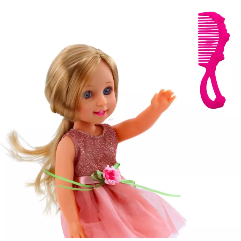 LEAN TOYS Muñeca con vestido y lazo, pelo largo, rosa, peine, 38 cm