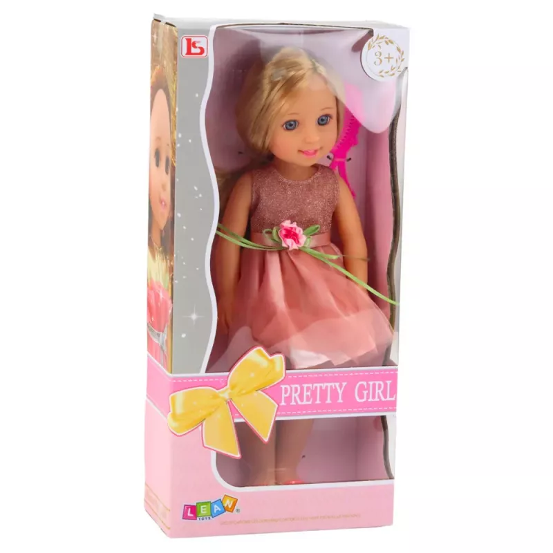 LEAN TOYS Muñeca con vestido y lazo, pelo largo, rosa, peine, 38 cm