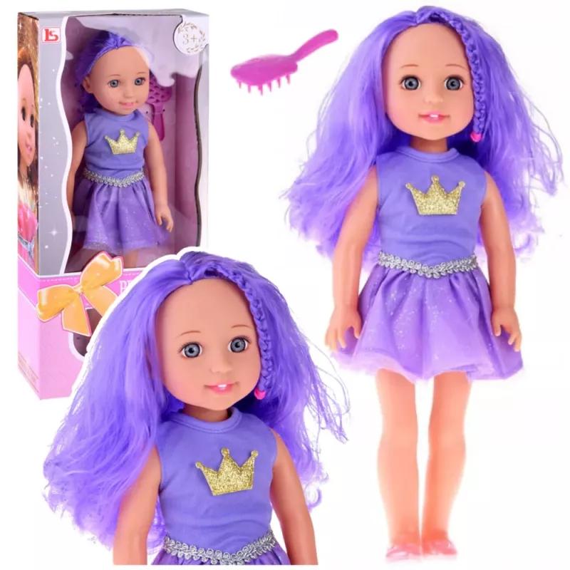LEAN TOYS Muñeca con vestido y corona, pelo largo lila, cepillo, 38 cm
