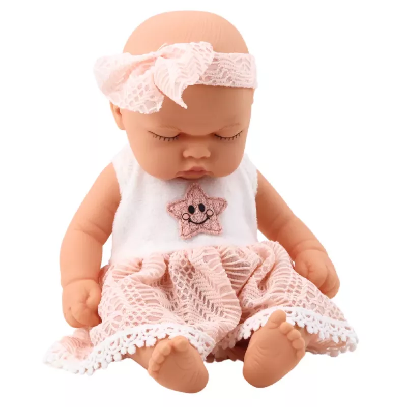 LEAN TOYS Muñeca bebé dormida con vestido rosa de encaje y diadema con estrella
