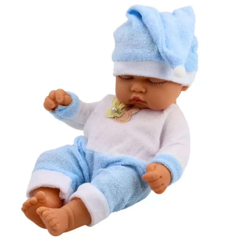 LEAN TOYS Muñeca bebé dormida con pijama azul y gorro con pompón