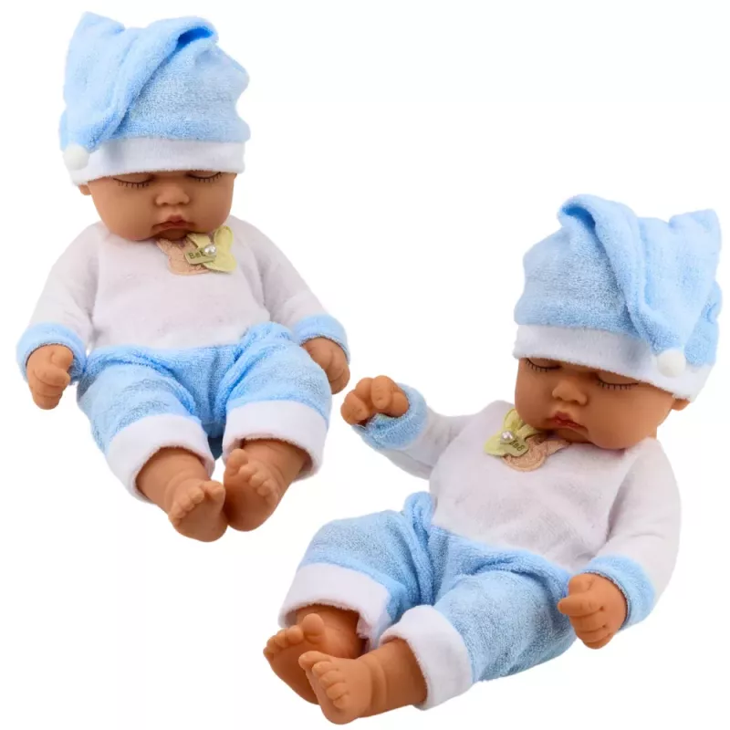 LEAN TOYS Muñeca bebé dormida con pijama azul y gorro con pompón