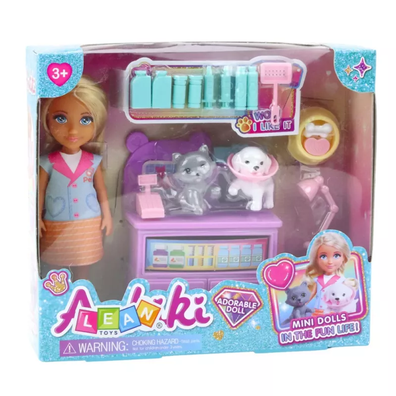 LEAN TOYS Mini muñeca con set de accesorios de veterinaria para tratar perro y gato