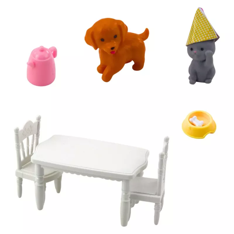 LEAN TOYS Set de cumpleaños con mascotas de muñeca, perro, gato y accesorios de mesa