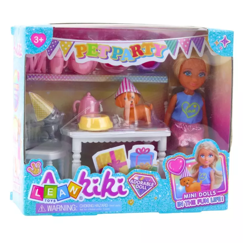 LEAN TOYS Set de cumpleaños con mascotas de muñeca, perro, gato y accesorios de mesa