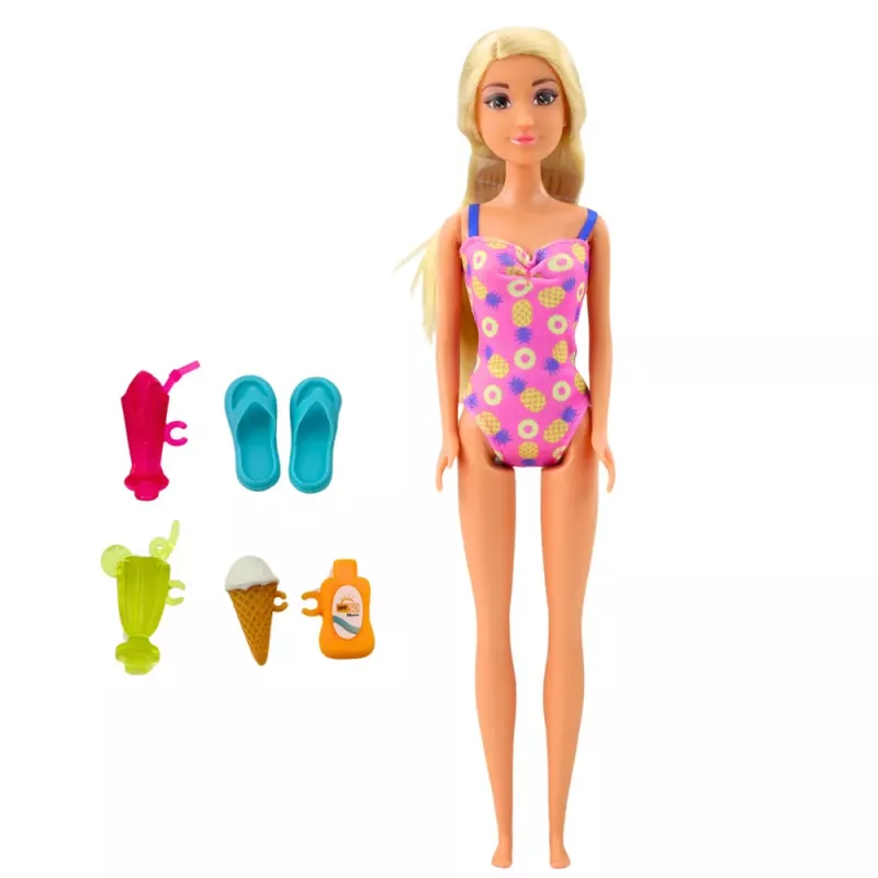 LEAN TOYS Set de muñeca Anlily en la playa con piscina, palmera y accesorios, 8 piezas
