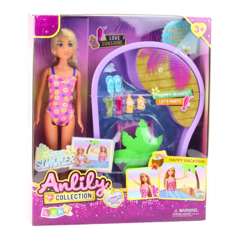 LEAN TOYS Set de muñeca Anlily en la playa con piscina, palmera y accesorios, 8 piezas