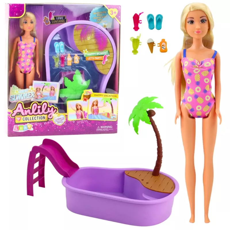 LEAN TOYS Set de muñeca Anlily en la playa con piscina, palmera y accesorios, 8 piezas