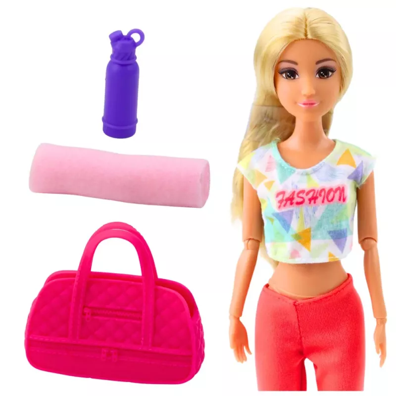 LEAN TOYS Muñeca Anlily de yoga con esterilla, botella de agua, bolsa de deporte, extremidades articuladas, 29 cm, pelo rubio, ojos azules, conjunto deportivo, para niños a partir de 3 años