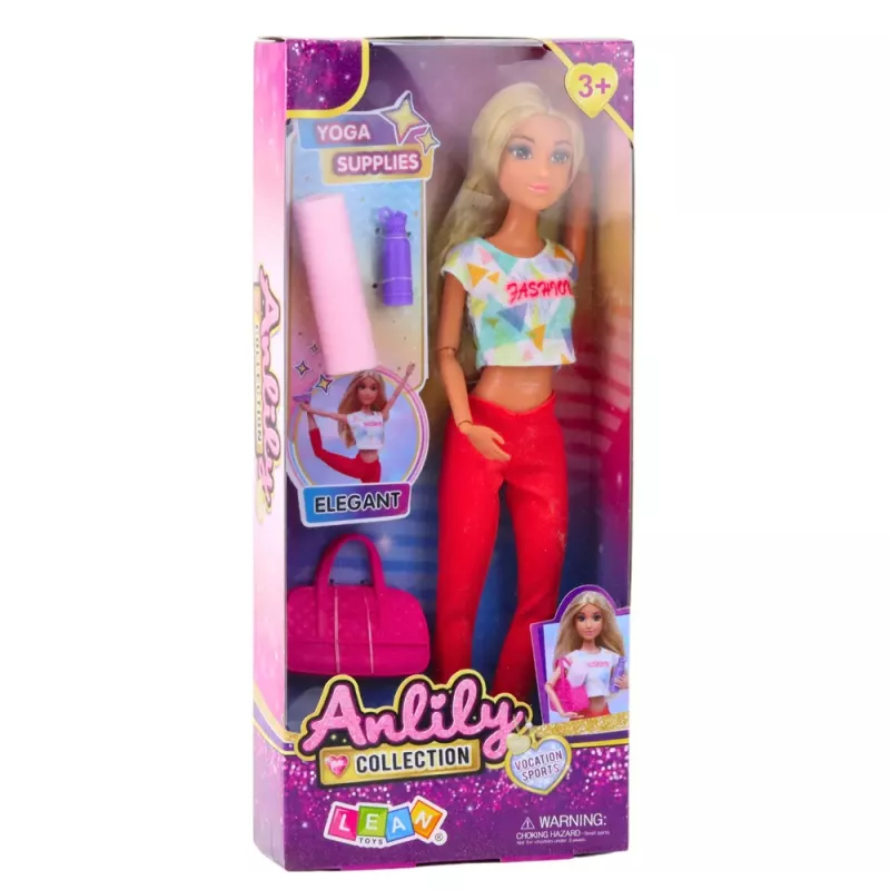 LEAN TOYS Muñeca Anlily de yoga con esterilla, botella de agua, bolsa de deporte, extremidades articuladas, 29 cm, pelo rubio, ojos azules, conjunto deportivo, para niños a partir de 3 años