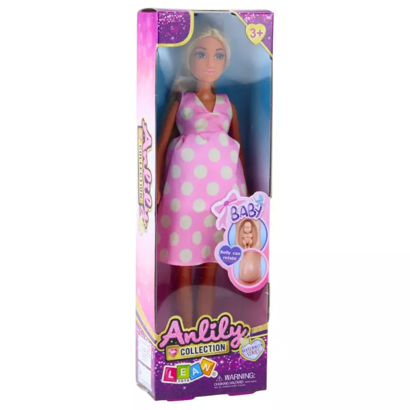 LEAN TOYS Muñeca Anlily embarazada con vestido rosa claro de lunares y pelo largo