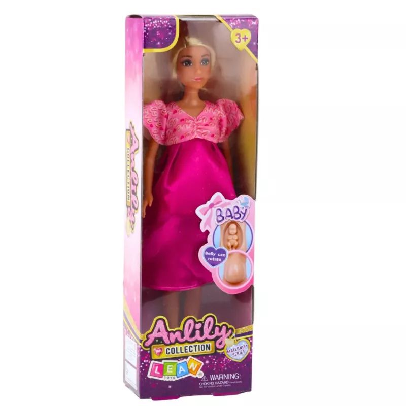 LEAN TOYS Muñeca Anlily embarazada con vestido rosa de satén y pelo largo