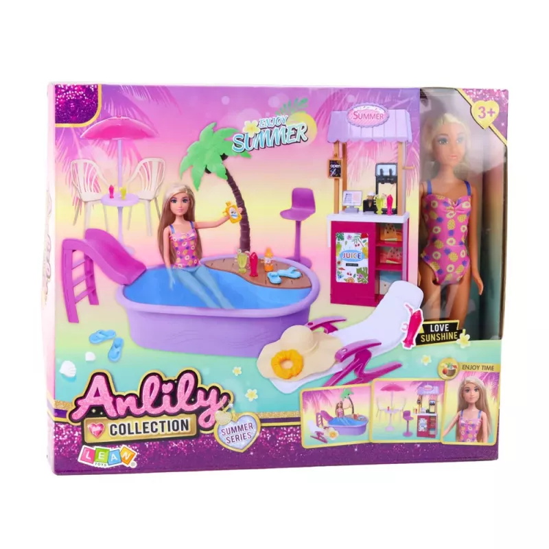 LEAN TOYS Set de muñeca Anlily en la playa con piscina, palmera, puesto de bebidas y accesorios