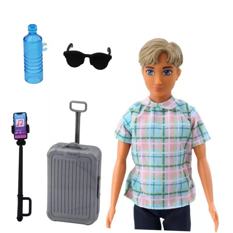 LEAN TOYS Muñeca Anlily chico con accesorios, maleta, palo selfie, gafas y botella