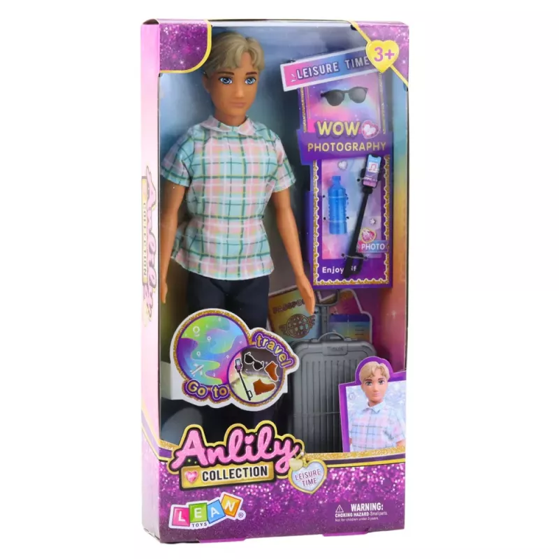 LEAN TOYS Muñeca Anlily chico con accesorios, maleta, palo selfie, gafas y botella