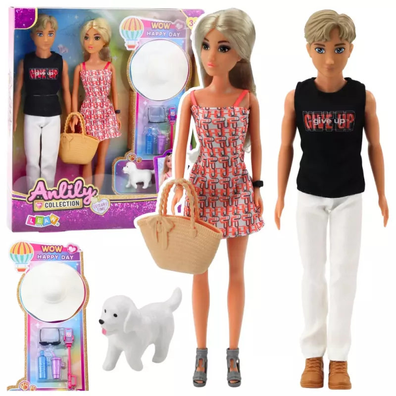LEAN TOYS Set de muñecas Anlily: chica con chico, sombrero y accesorios para perro