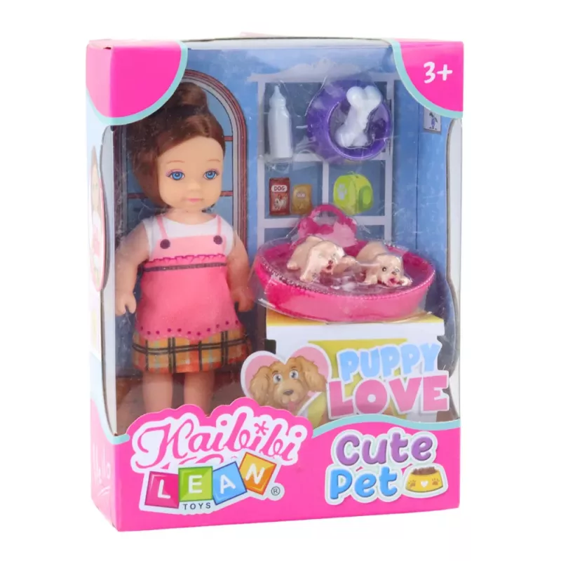LEAN TOYS Set de mini muñecas con dos cachorros, cama, cuenco y biberón