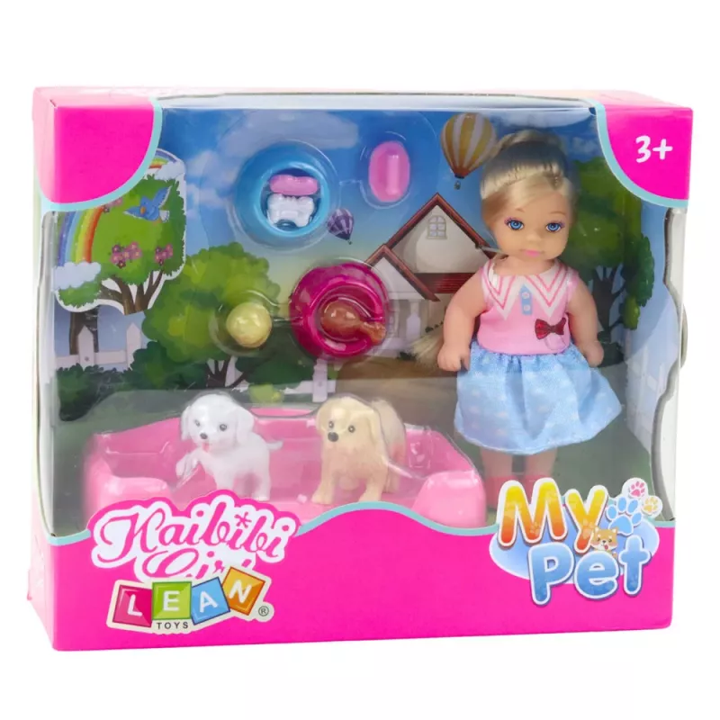 LEAN TOYS Set de mini muñecas con dos perros, cama y comedero