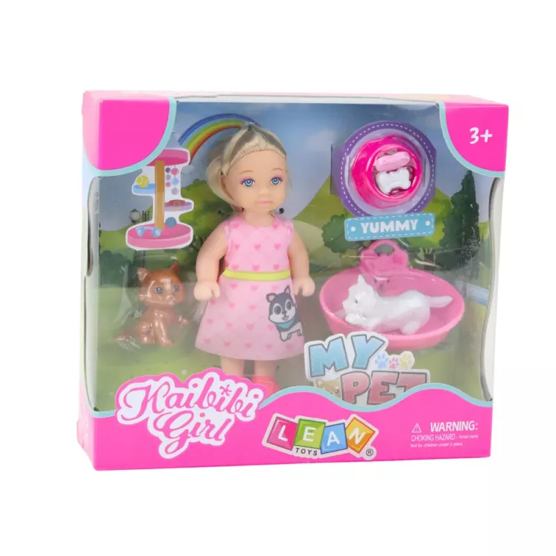 LEAN TOYS Set de mini muñecas con perro, cama para gato y comedero