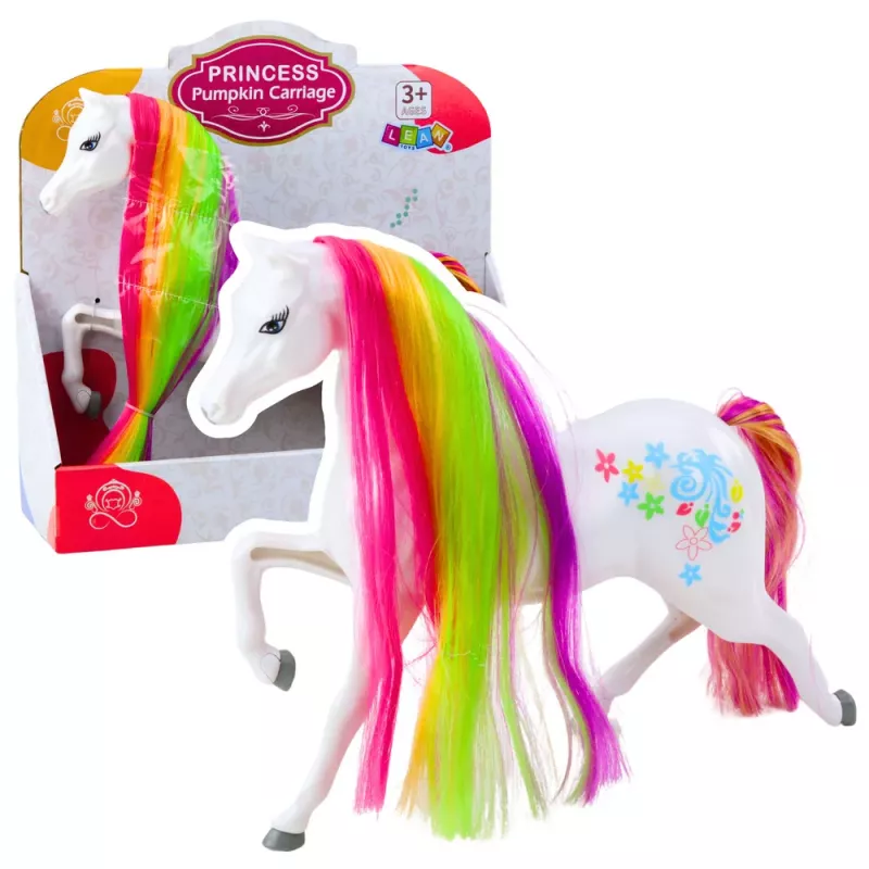 LEAN TOYS Figura grande de caballo de cuento con crin arcoíris, decoraciones multicolor, blanco