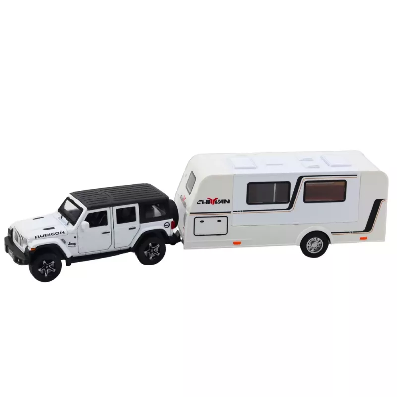 LEAN TOYS Set de coche todoterreno camper metal tracción luces sonidos blanco 1:32