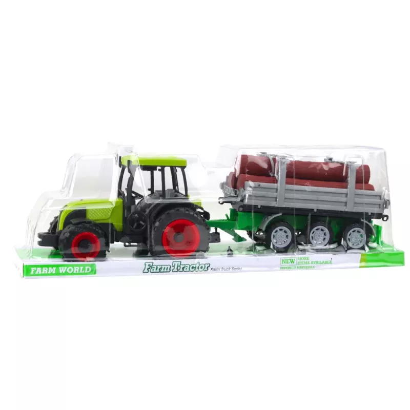 LEAN TOYS Tractor agrícola verde con remolque para troncos 47cm