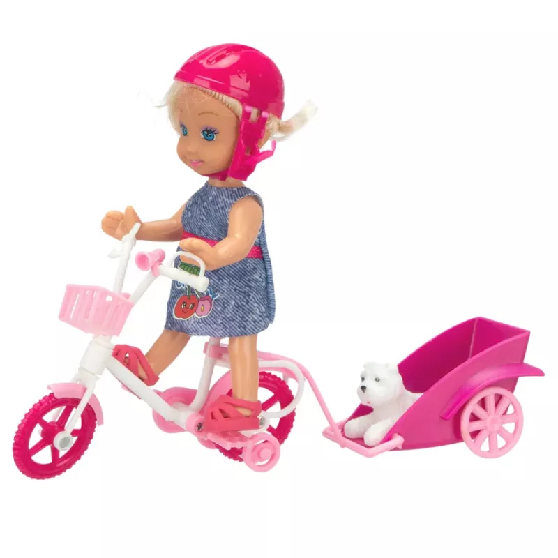 LEAN TOYS Set de mini muñeca con remolque de bicicleta, casco y perro blanco