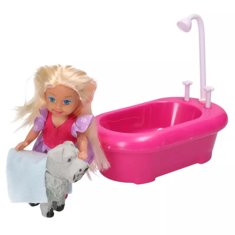 LEAN TOYS Set de mini muñeca con bañera y perro blanco rosa