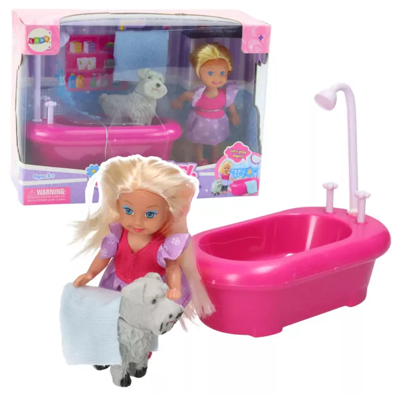 LEAN TOYS Set de mini muñeca con bañera y perro blanco rosa