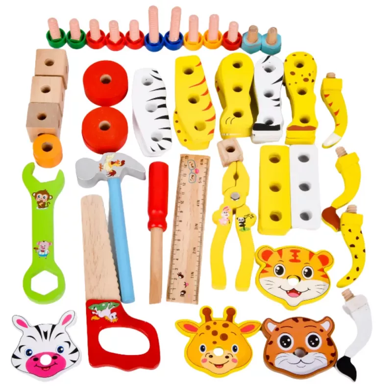 LEAN TOYS Set de manualidades de madera de animales para montar en maletín 59 piezas