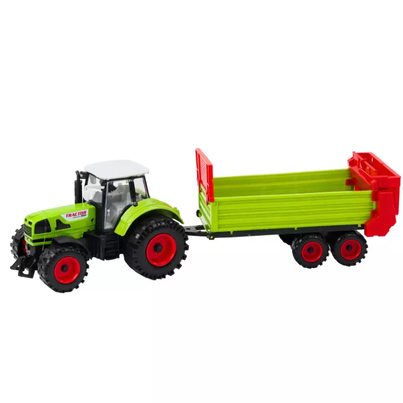 LEAN TOYS Tractor con remolque, propulsión por fricción, capó y puertas que se abren, verde