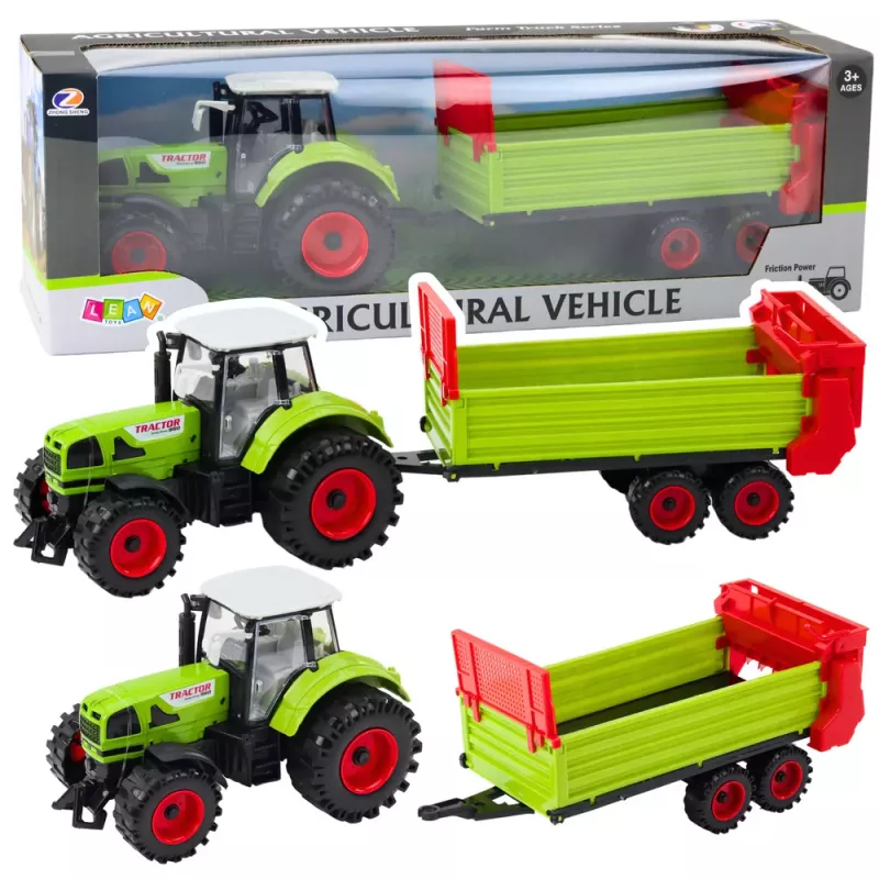 LEAN TOYS Tractor con remolque, propulsión por fricción, capó y puertas que se abren, verde