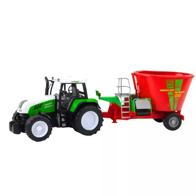 LEAN TOYS Tractor agrícola verde con remolque y mezclador de pienso 50cm