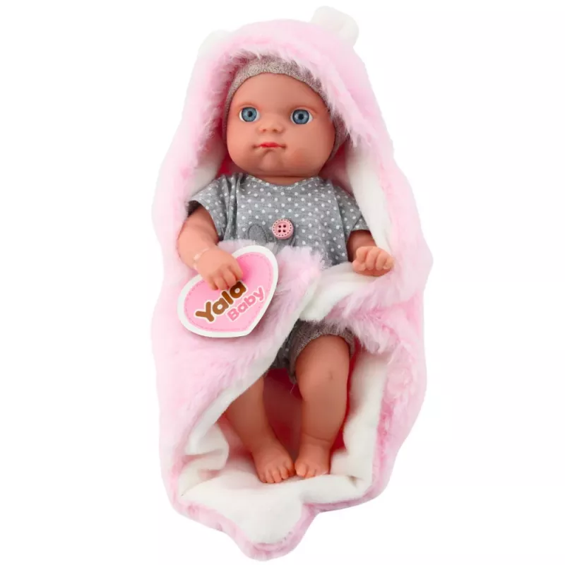 LEAN TOYS Muñeca bebé en pijama gris con manta de conejo rosa, 23 cm
