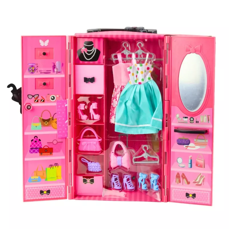 LEAN TOYS Muñeca con armario y accesorios, vestidos rosas, set de muñeca de moda para vestir