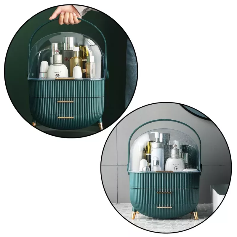 LEAN Organizador de cosméticos con tapa abatible, transparente, dos cajones, verde