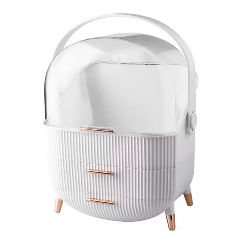 LEAN Organizador de cosméticos con tapa abatible, transparente, dos cajones, blanco