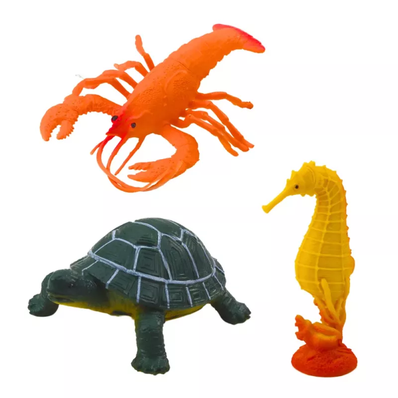 LEAN TOYS Set de figuras de animales marinos: tiburón, tiburón martillo, orca, caballito de mar, langosta, tortuga, 6 uds.