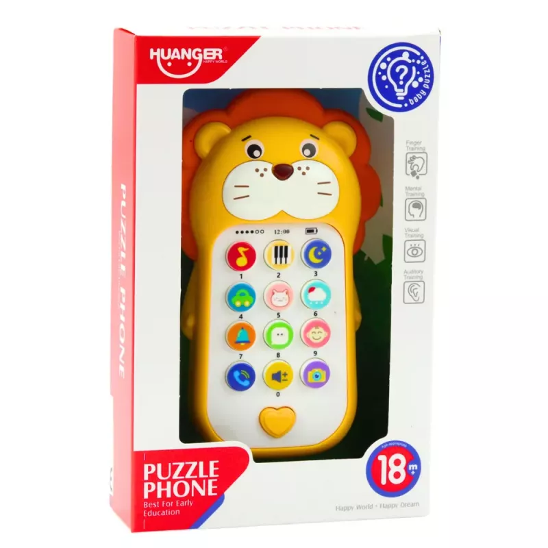 LEAN TOYS Teléfono de aprendizaje interactivo para niños pequeños con sonidos y melodías, león amarillo