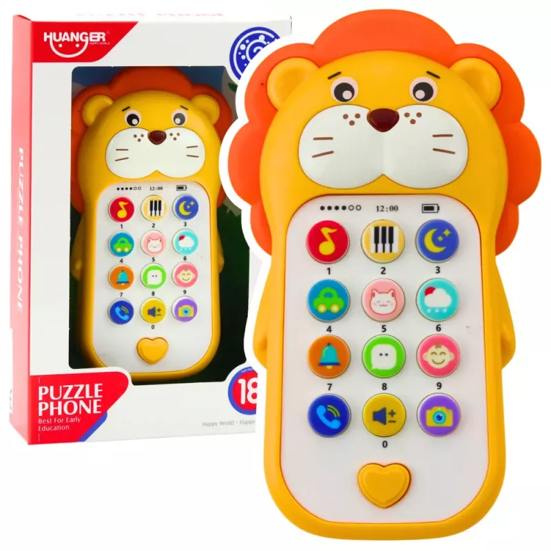LEAN TOYS Teléfono de aprendizaje interactivo para niños pequeños con sonidos y melodías, león amarillo
