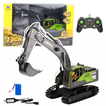 Huina excavadora de orugas con mando a distancia verde 1:18