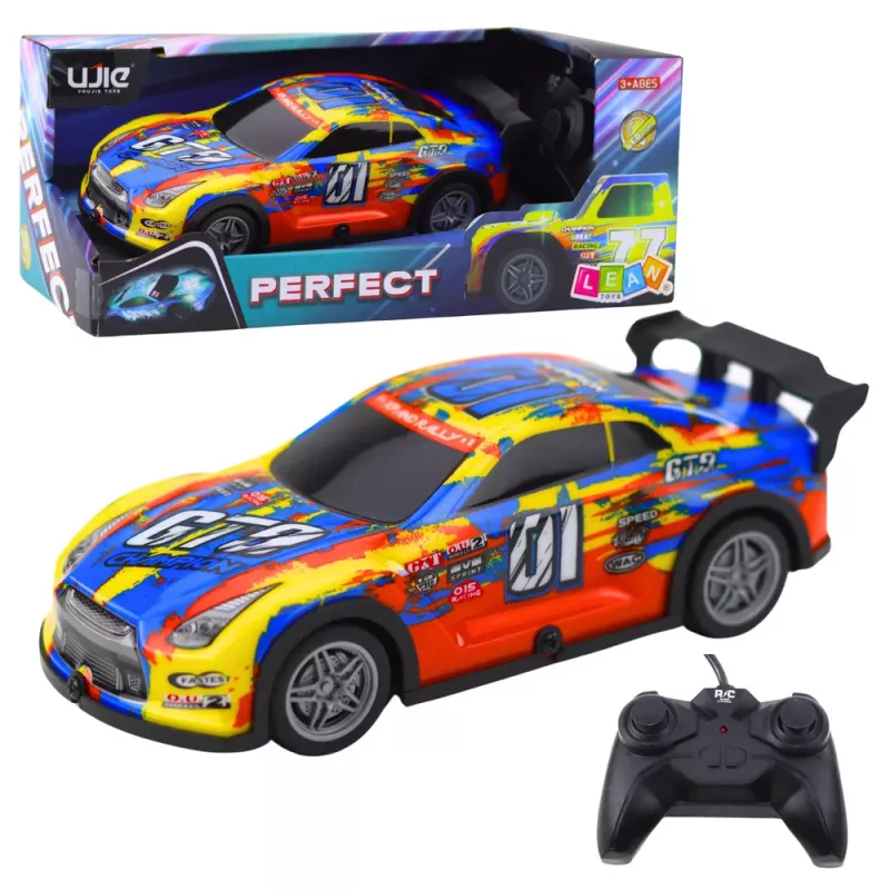 LEAN TOYS Coche de carreras RC con carrocería luminosa, azul y amarillo