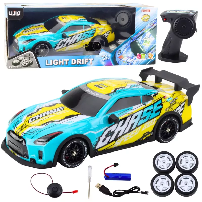 LEAN TOYS Coche deportivo RC teledirigido con carrocería drift luminosa turquesa