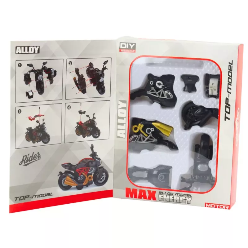 LEAN TOYS Moto para montar con tornillos, metal 1:14 DIY negro con elementos dorados