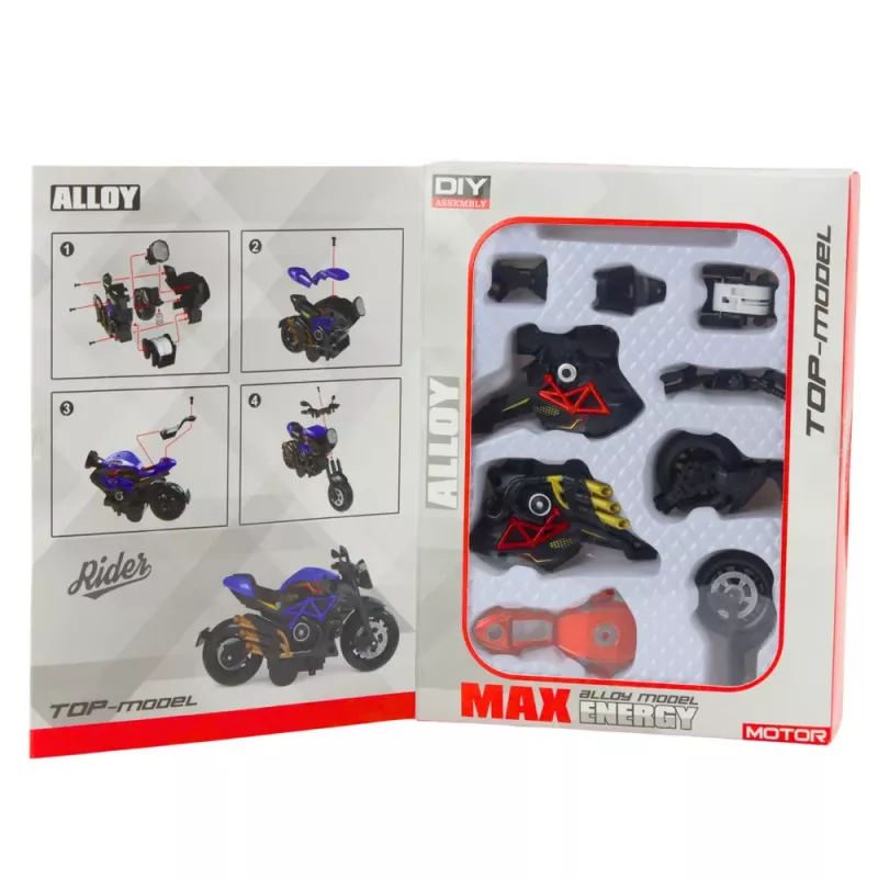 LEAN TOYS Moto para montar con tornillos, metal 1:14 DIY negro y rojo